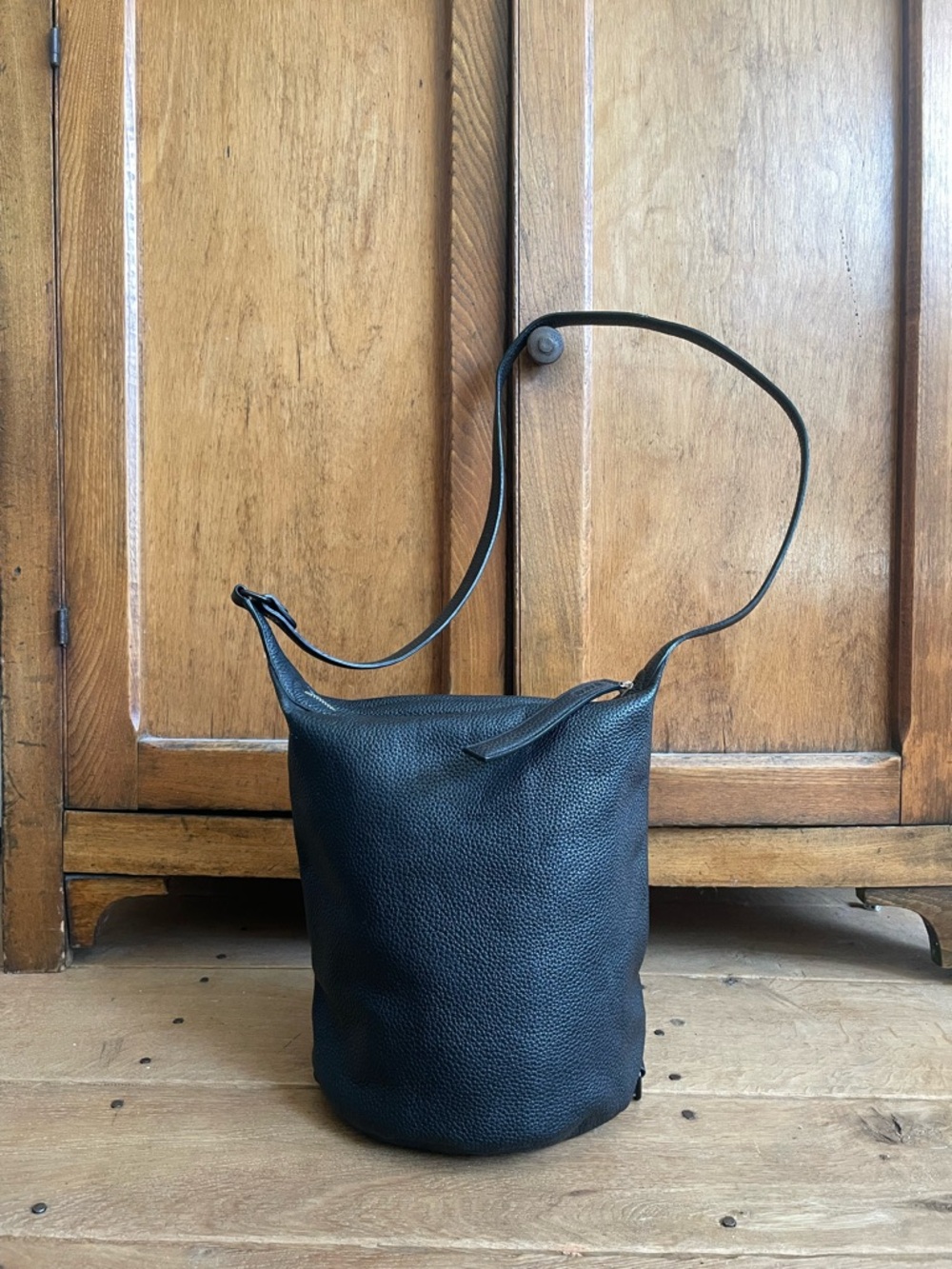 KARA Black Leather Bucket Shoulder Bag